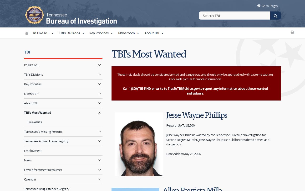 Tennessee state most wanted source for Smith County warrant context