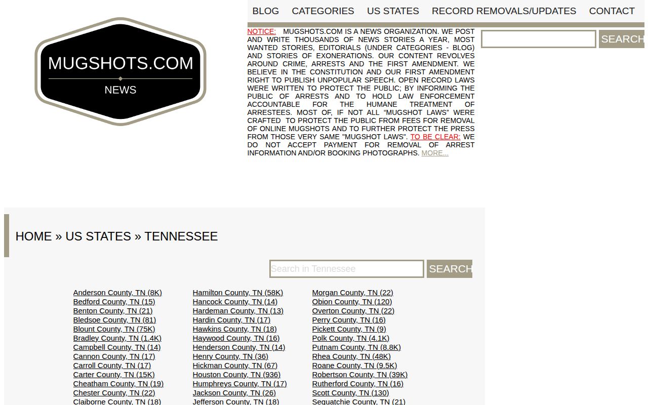 Unofficial Tennessee directory with Smith County arrest records navigation